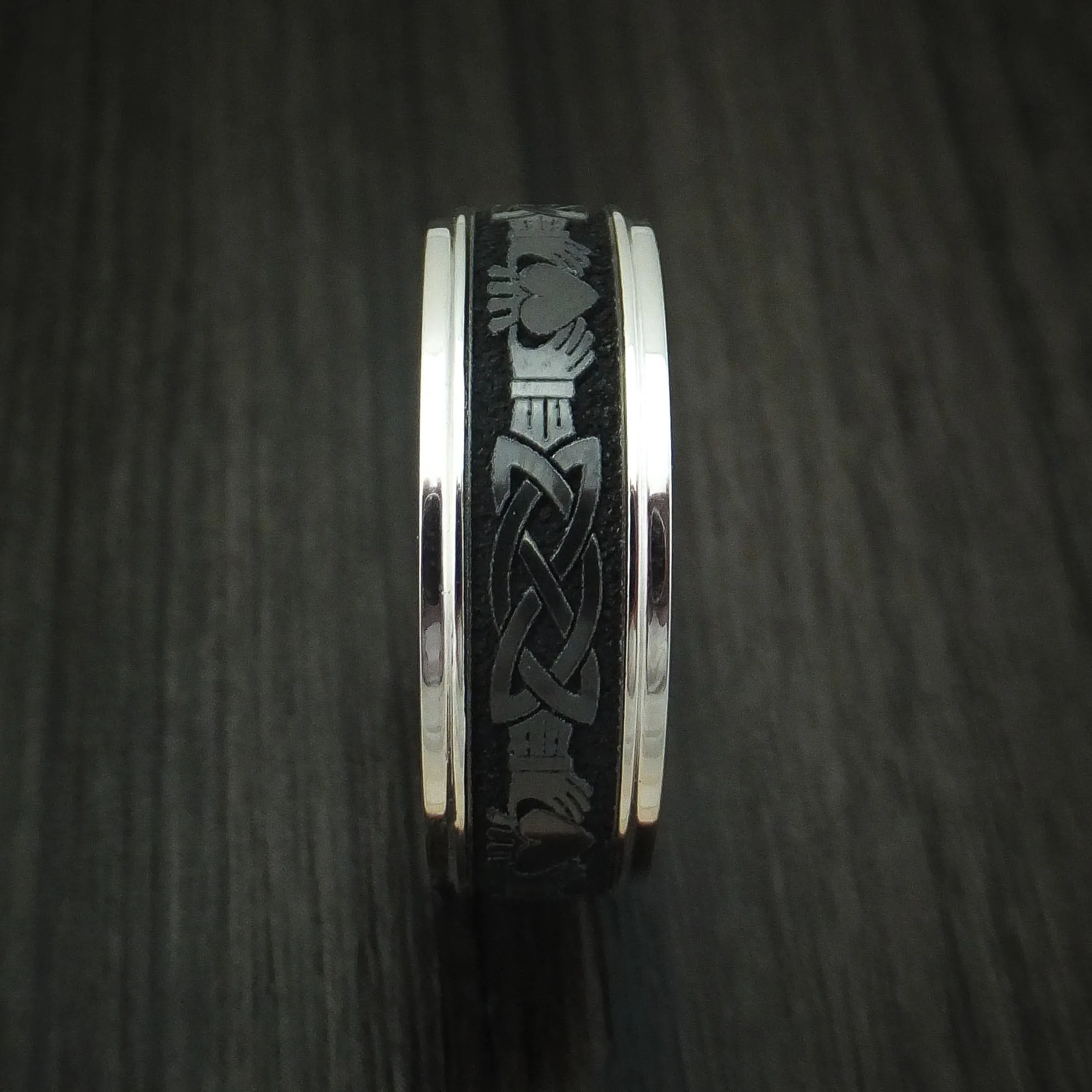 14K Gold And Black Zirconium Celtic Claddagh Band Custom Made Men's Ring