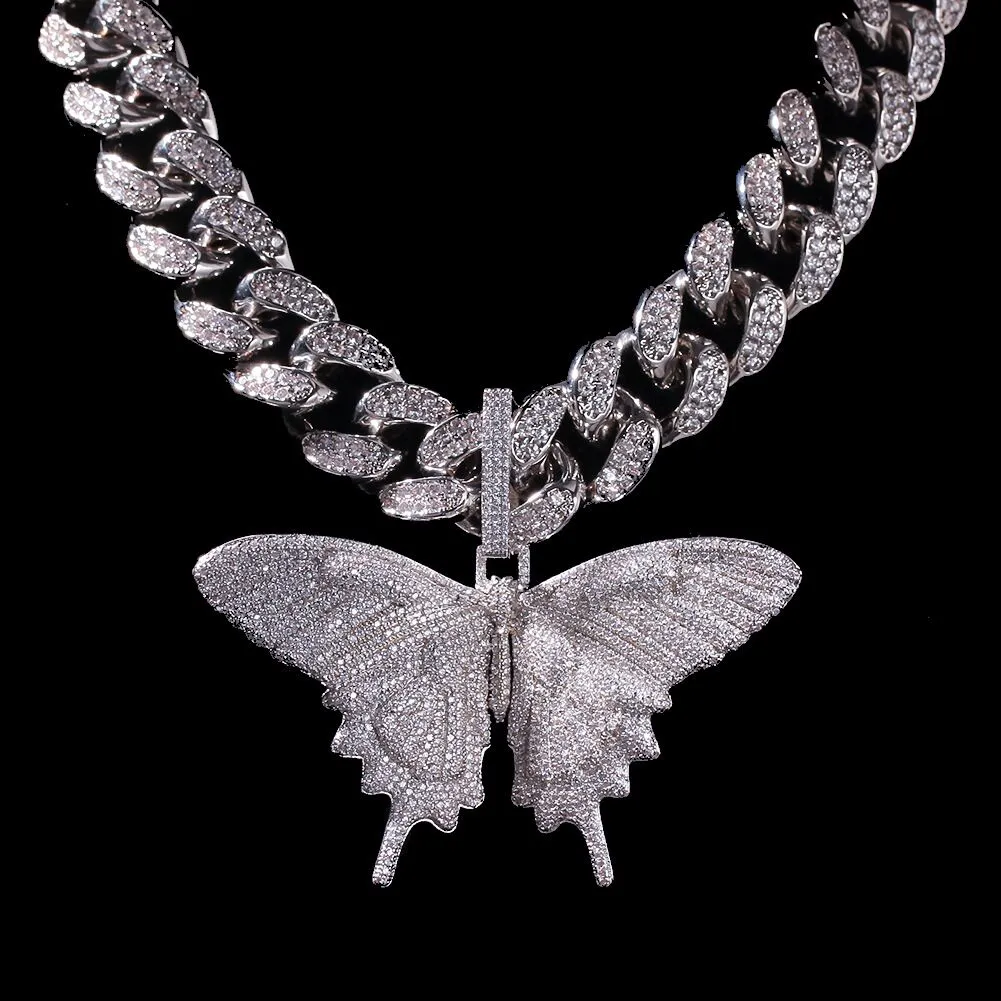 18K Gold Plated Chunky Chain Necklace Womens Bling Iced Out 3D Butterfly Necklace