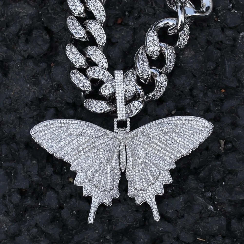 18K Gold Plated Chunky Chain Necklace Womens Bling Iced Out 3D Butterfly Necklace