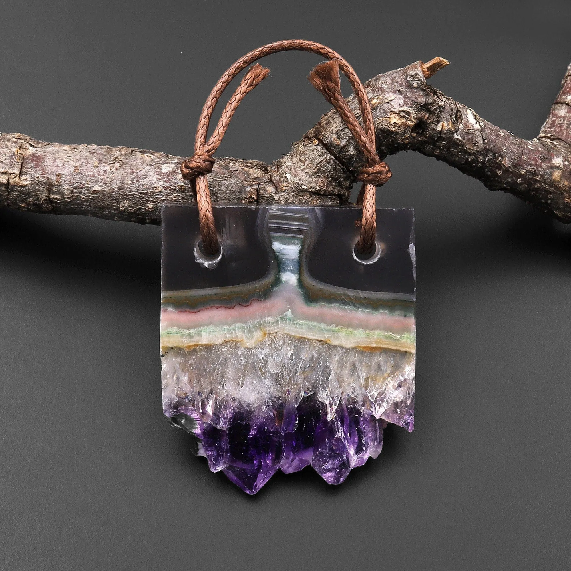 2 Hole Pendant Natural Smoky Quartz White Purple Amethyst Stalactite Druzy Pendant Drilled Flat Slice Long Rectangle P0124