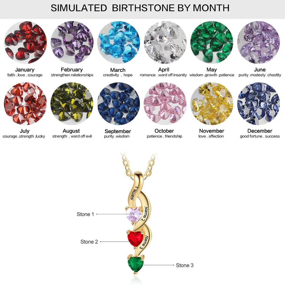 3 Birthstone Shooting Hearts Mothers Necklace 3 Names