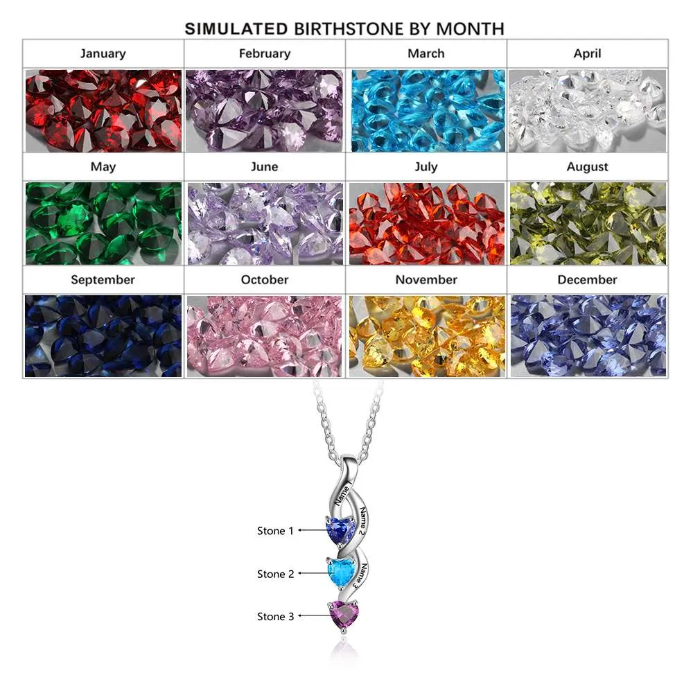 3 Birthstone Shooting Hearts Mothers Necklace 3 Names