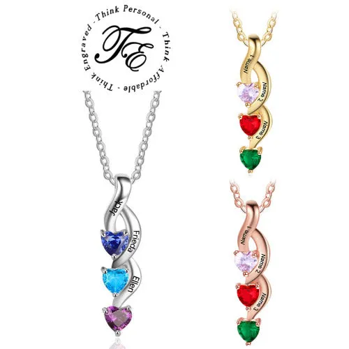 3 Birthstone Shooting Hearts Mothers Necklace 3 Names