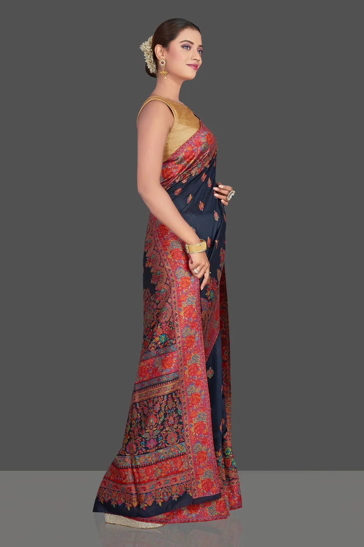 90K924-RO Navy Blue Tussar Silk Sari with Kani Weave