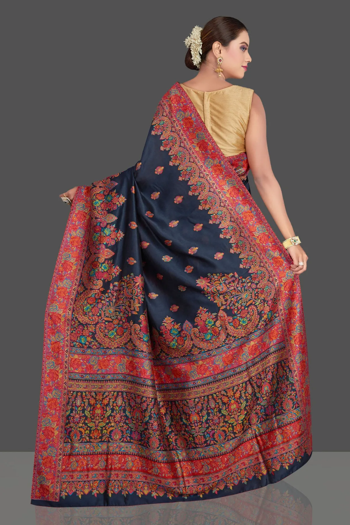 90K924-RO Navy Blue Tussar Silk Sari with Kani Weave