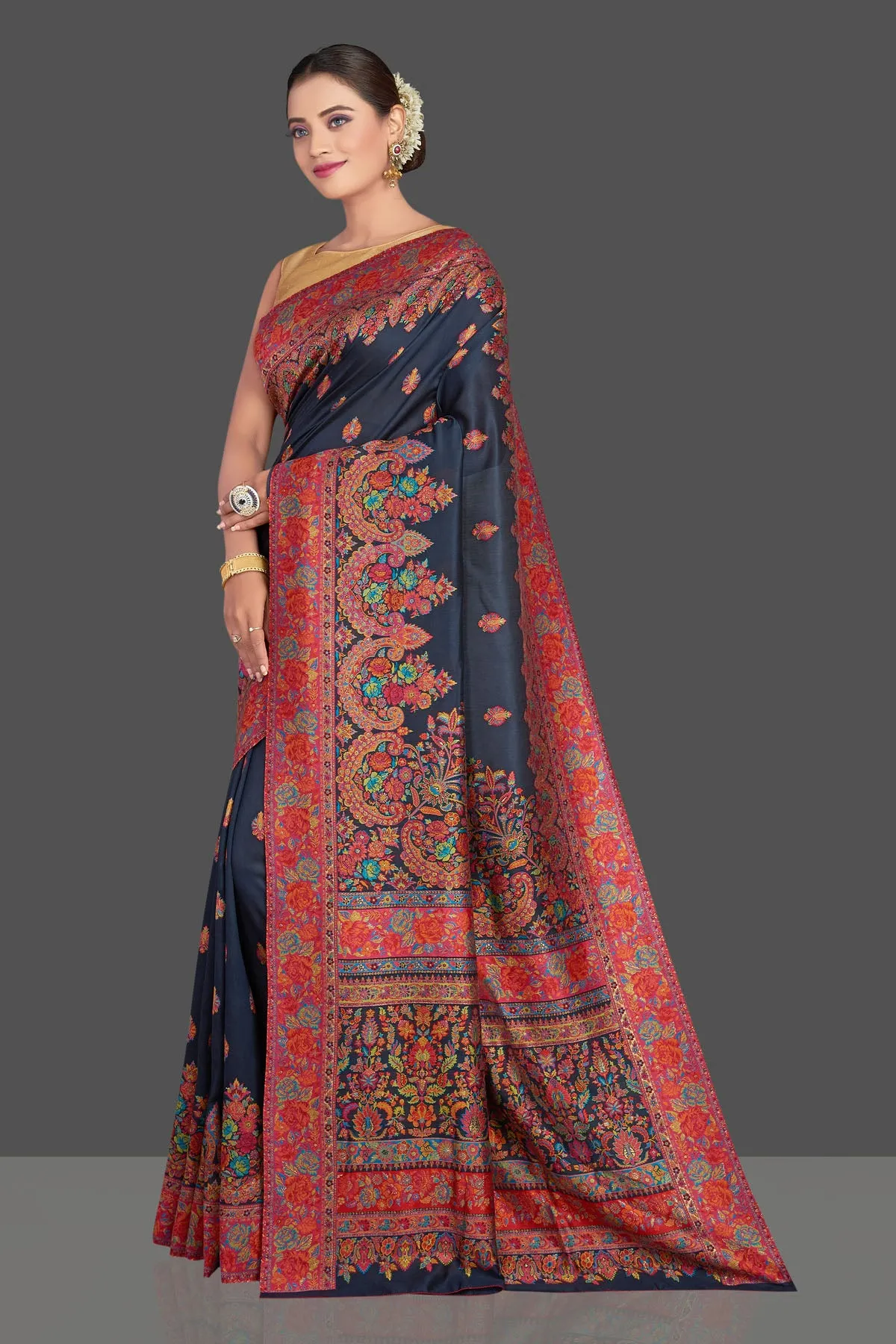 90K924-RO Navy Blue Tussar Silk Sari with Kani Weave