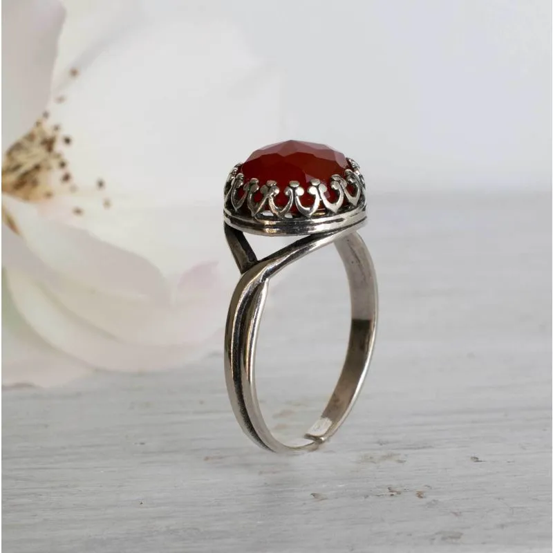 925 Sterling Silver Round Red Carnelian 10mm Ring