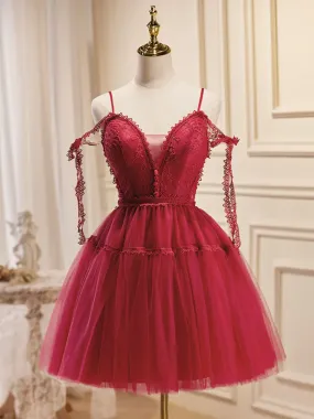 A Line Burgundy Lace Short Prom Dress, Burgundy Homecoming Dresses