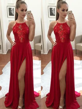 A-Line Halter Red Halter High Slit Prom Dresses, Sexy Formal Dresses