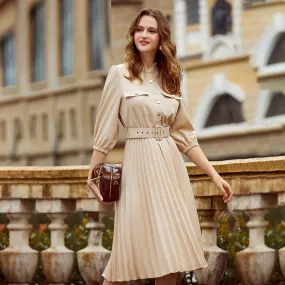 A-line Holiday Ruffled Three Quarter Sleeve Pleated Elegant Office Dress