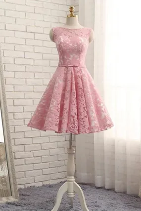 A Line Lace Homecoming with Belt Pink Short Ruched Prom Dress