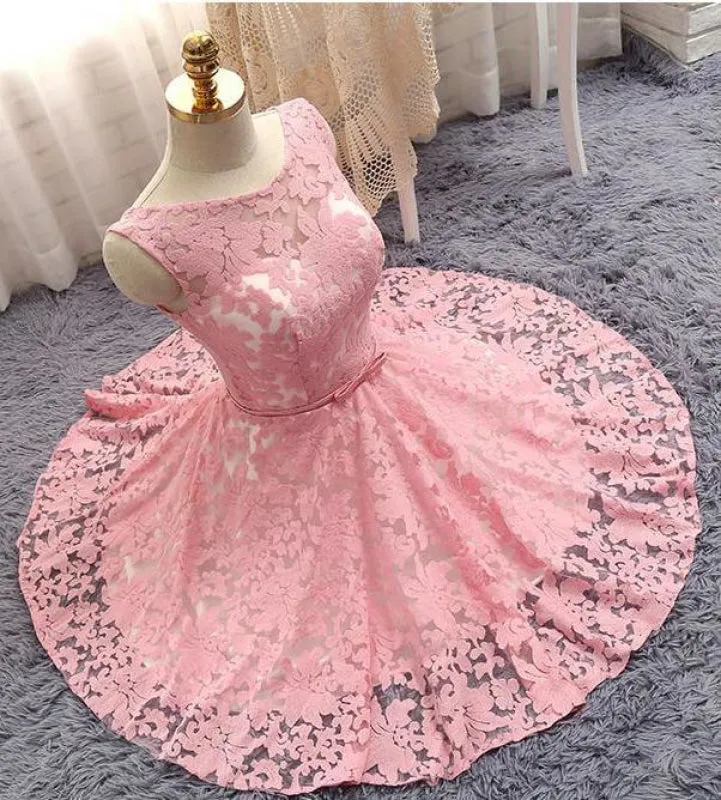 A Line Lace Homecoming with Belt Pink Short Ruched Prom Dress