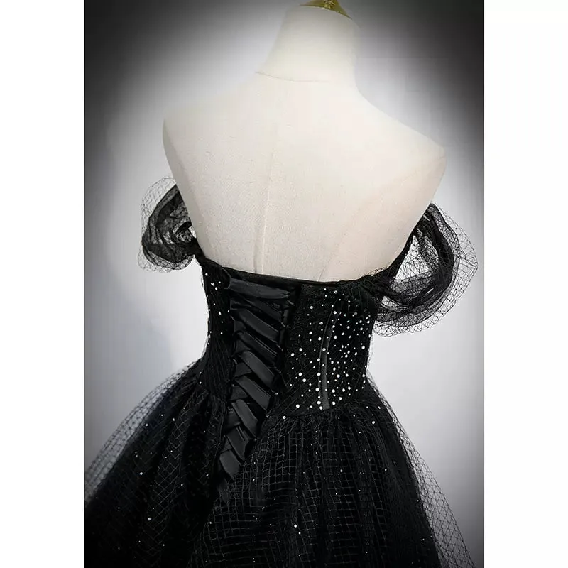 A line Off the Shoulder Black Long Prom Dresses SH126