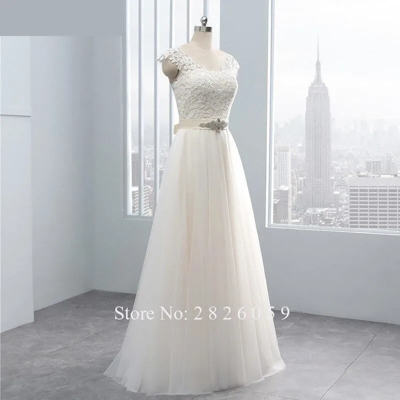 A-Line Tulle Sleeveless Lace Appliques Floor Length Bridal Gowns