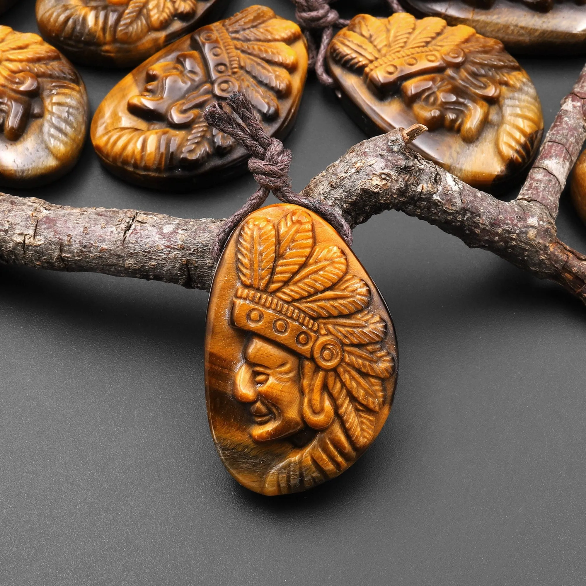 AAA Hand Carved Natural Tiger's Eye Native American Indian Face Pendant Side Drilled Gemstone Focal Bead A1