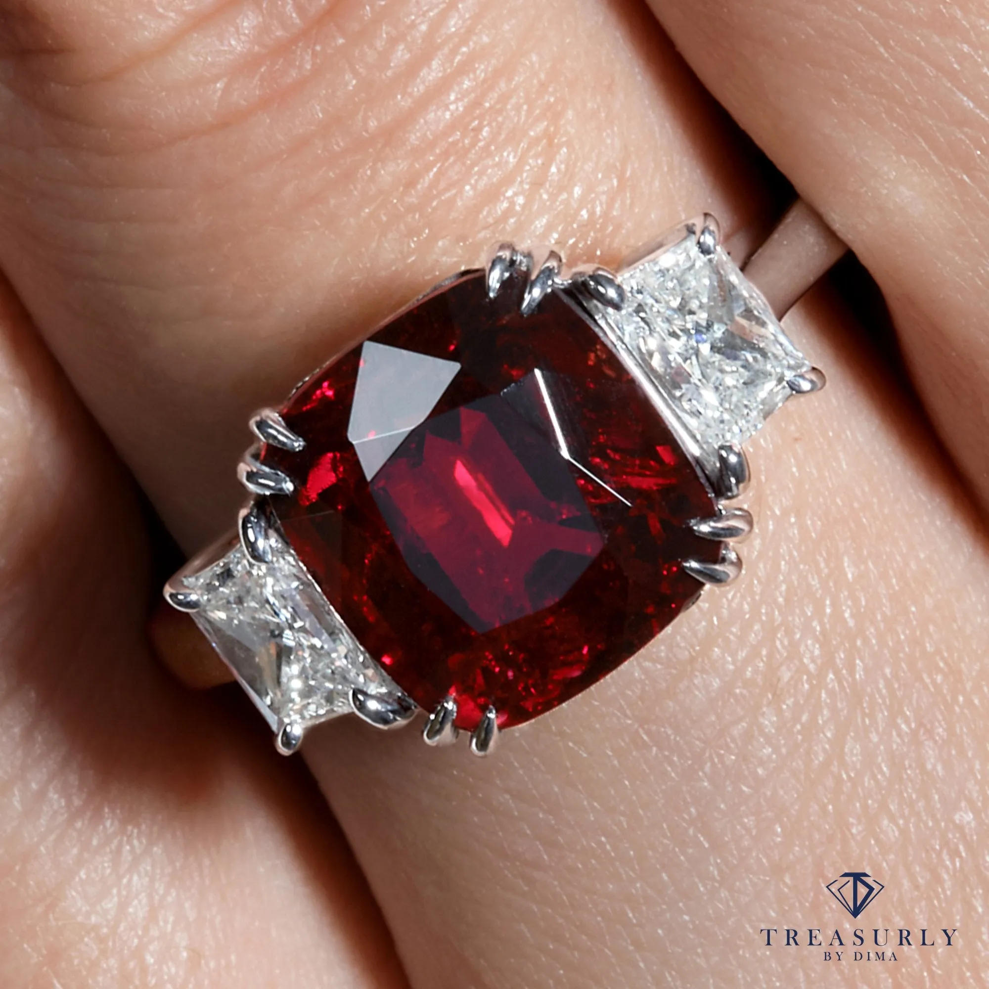 AGL 5.50ct Natural BURMA No-Heat Vivid Red SPINEL & Diamond 3 Stone Vintage Ring