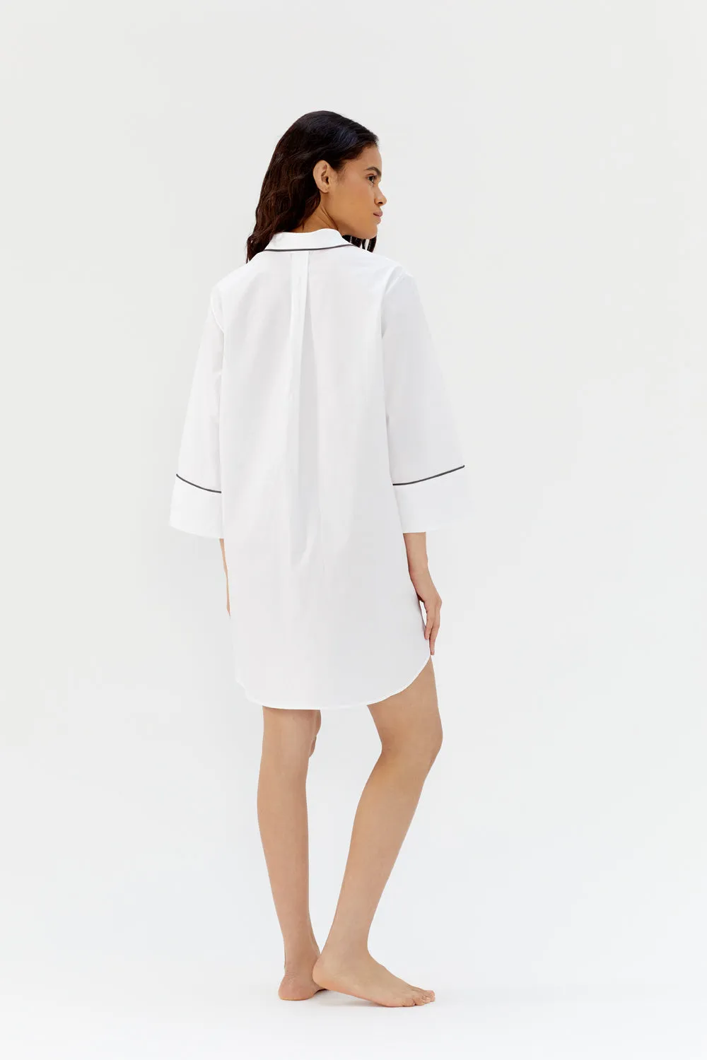 Ally White Cotton Nightshirt - Black Piping