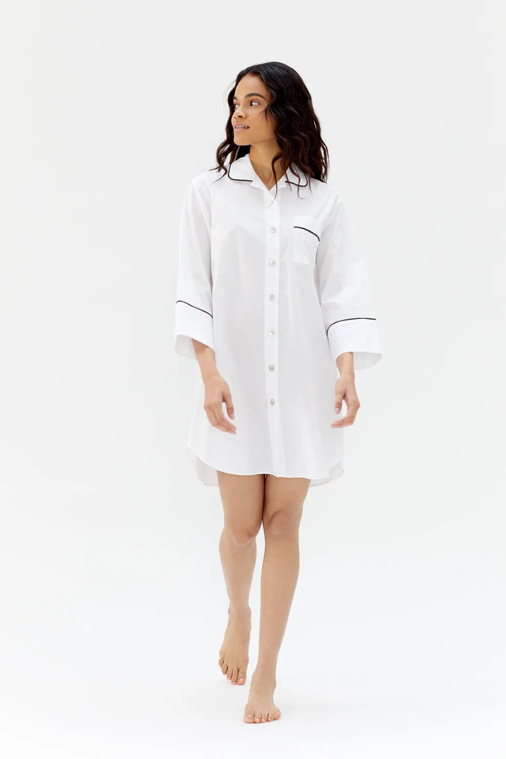 Ally White Cotton Nightshirt - Black Piping