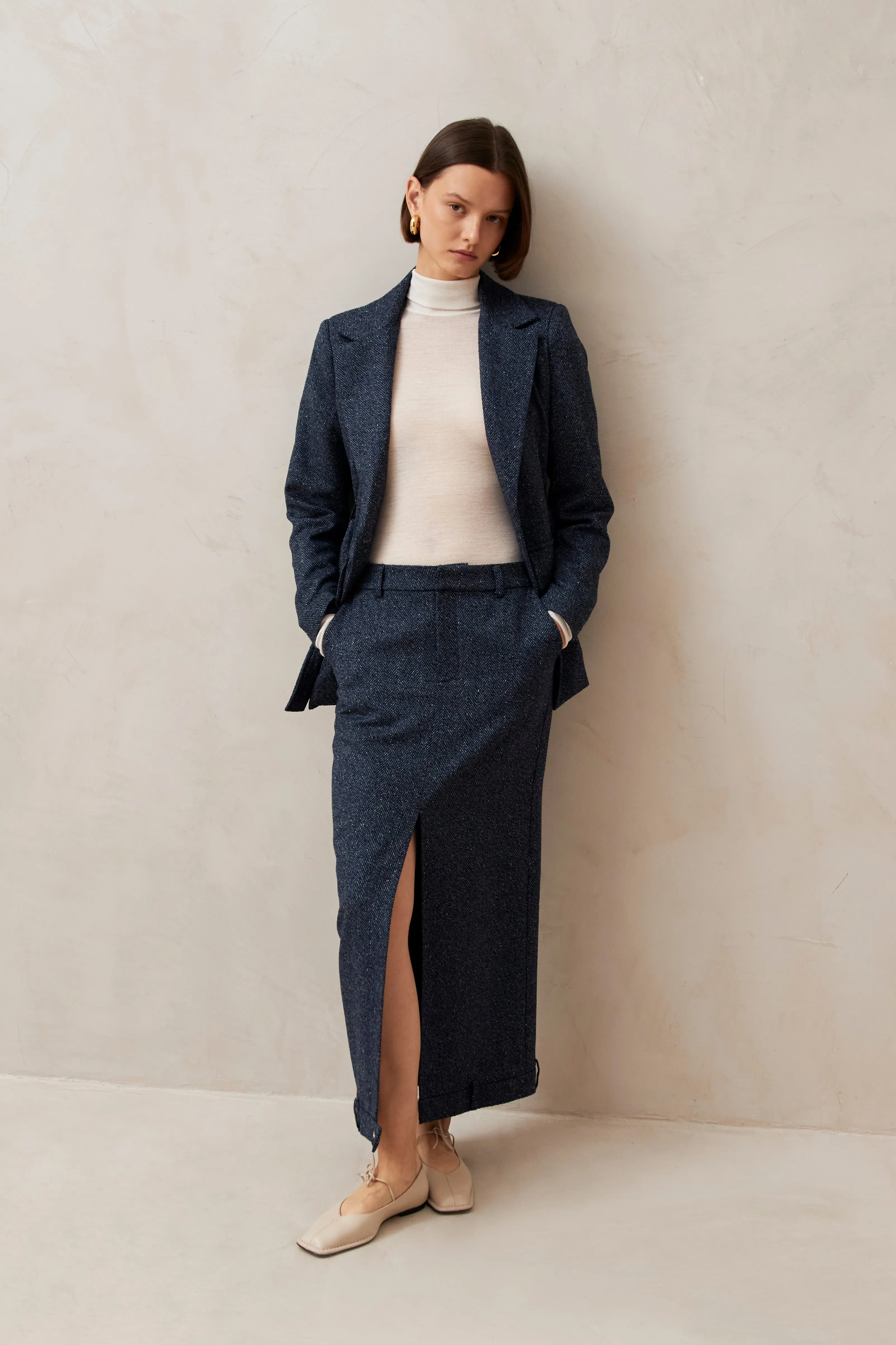 Angelina Herringbone Navy Skirt