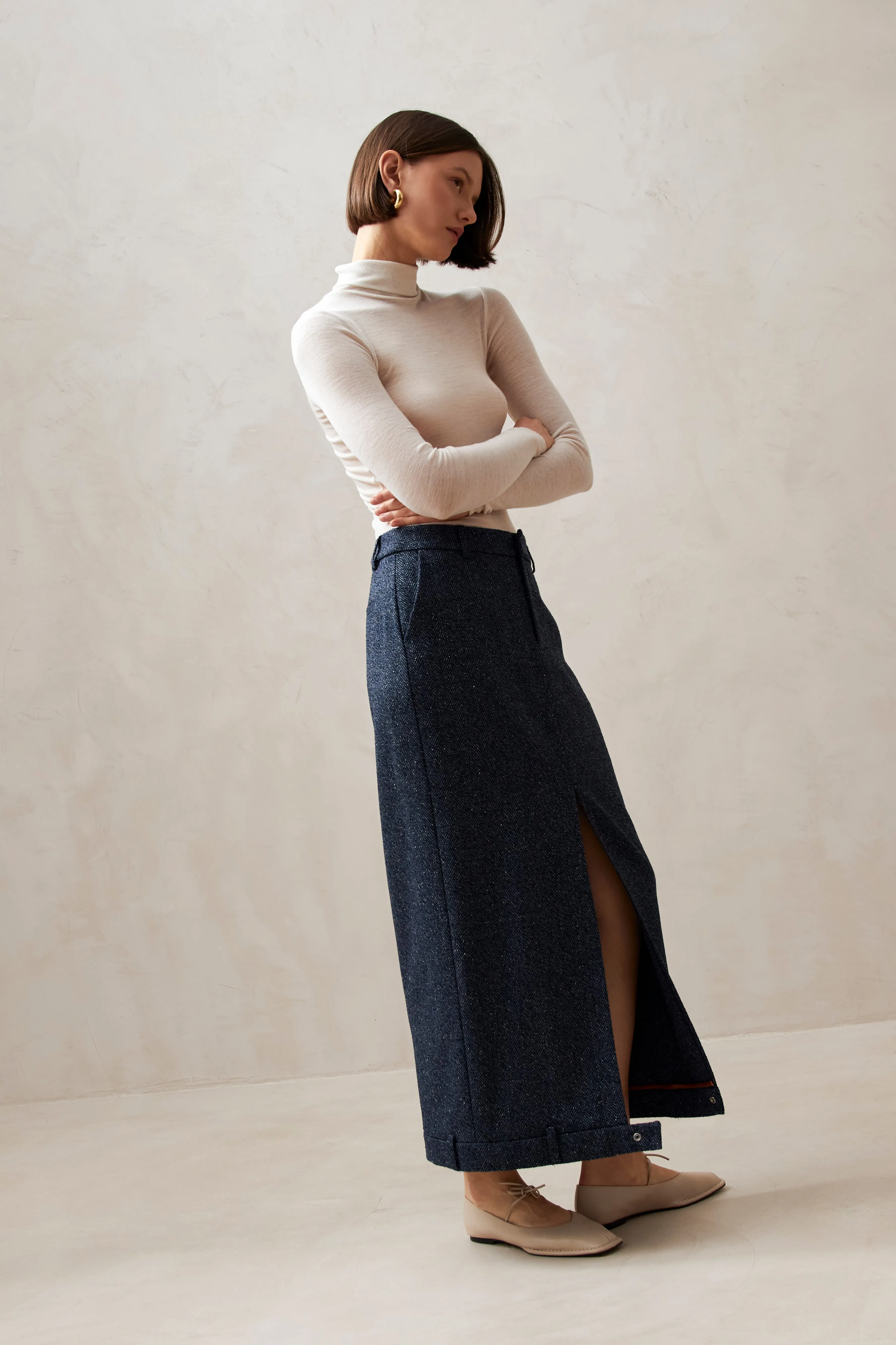 Angelina Herringbone Navy Skirt