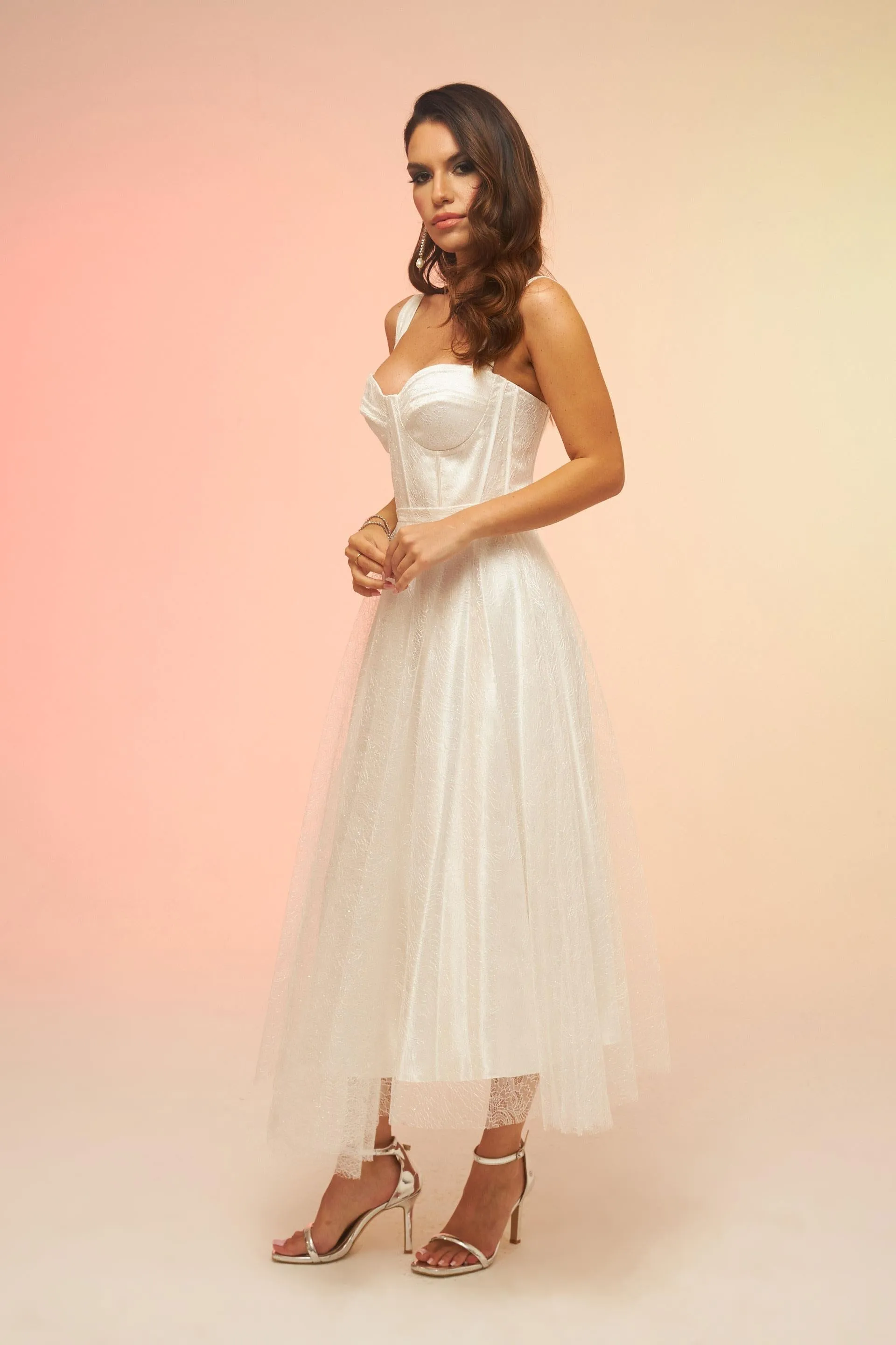 Angelino Ecru Back Tied Glittery Tulle Midi Wedding Dress