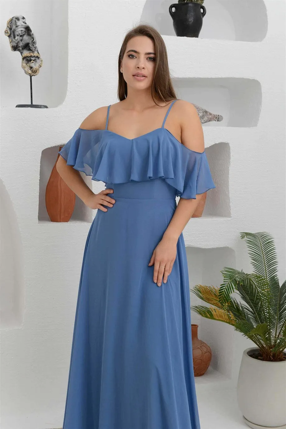 Angelino Indigo Long Evening Dress with Low Sleeve Strap