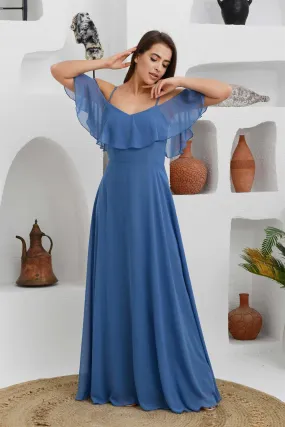 Angelino Indigo Long Evening Dress with Low Sleeve Strap