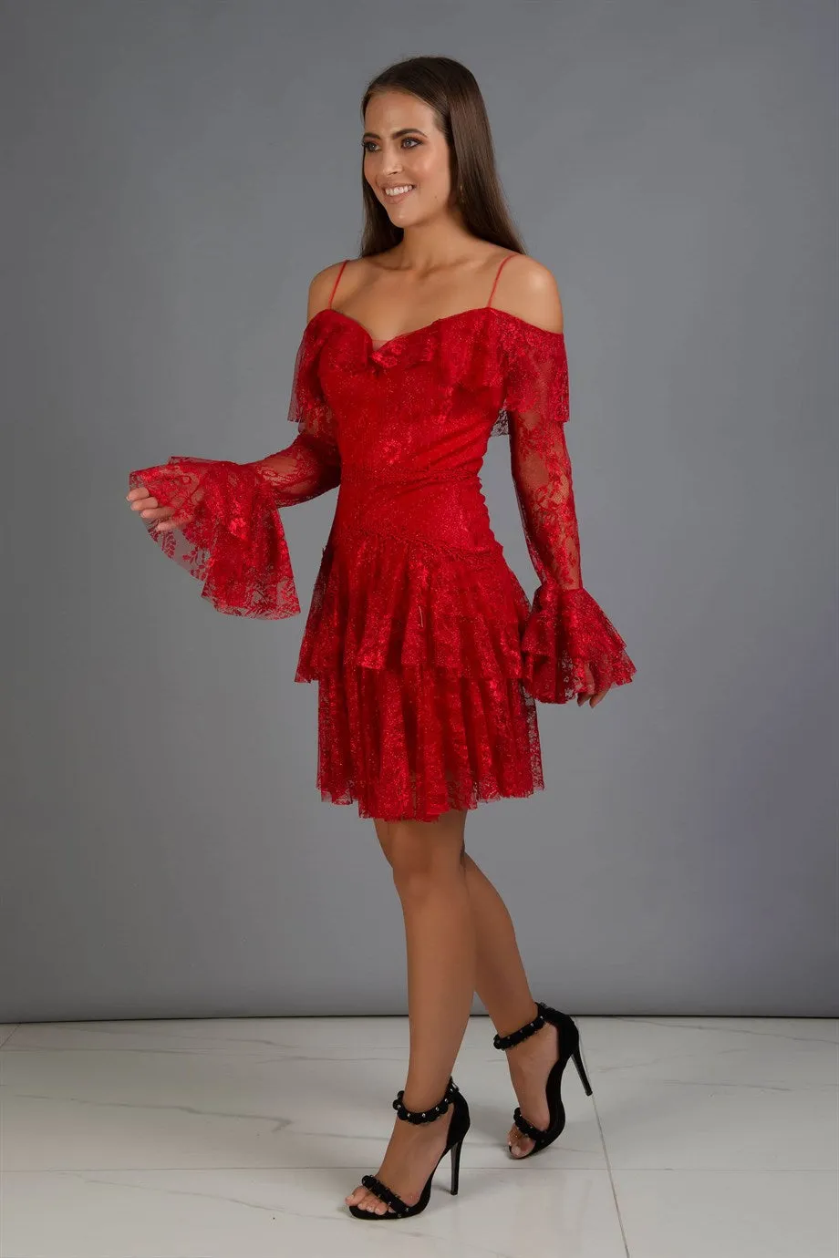 Angelino Red Lace Long Sleeve Short Evening Dress