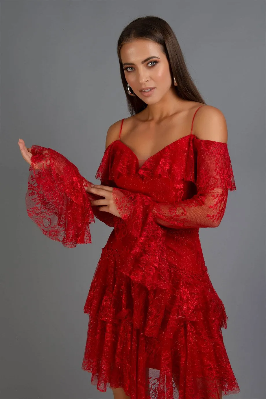 Angelino Red Lace Long Sleeve Short Evening Dress