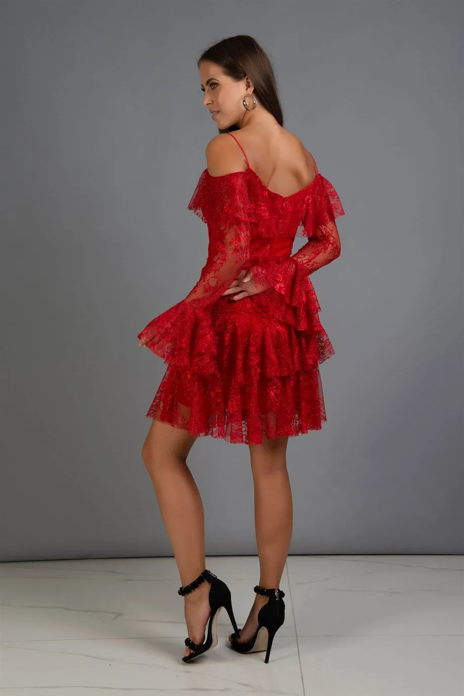 Angelino Red Lace Long Sleeve Short Evening Dress