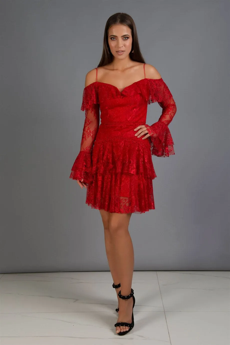 Angelino Red Lace Long Sleeve Short Evening Dress