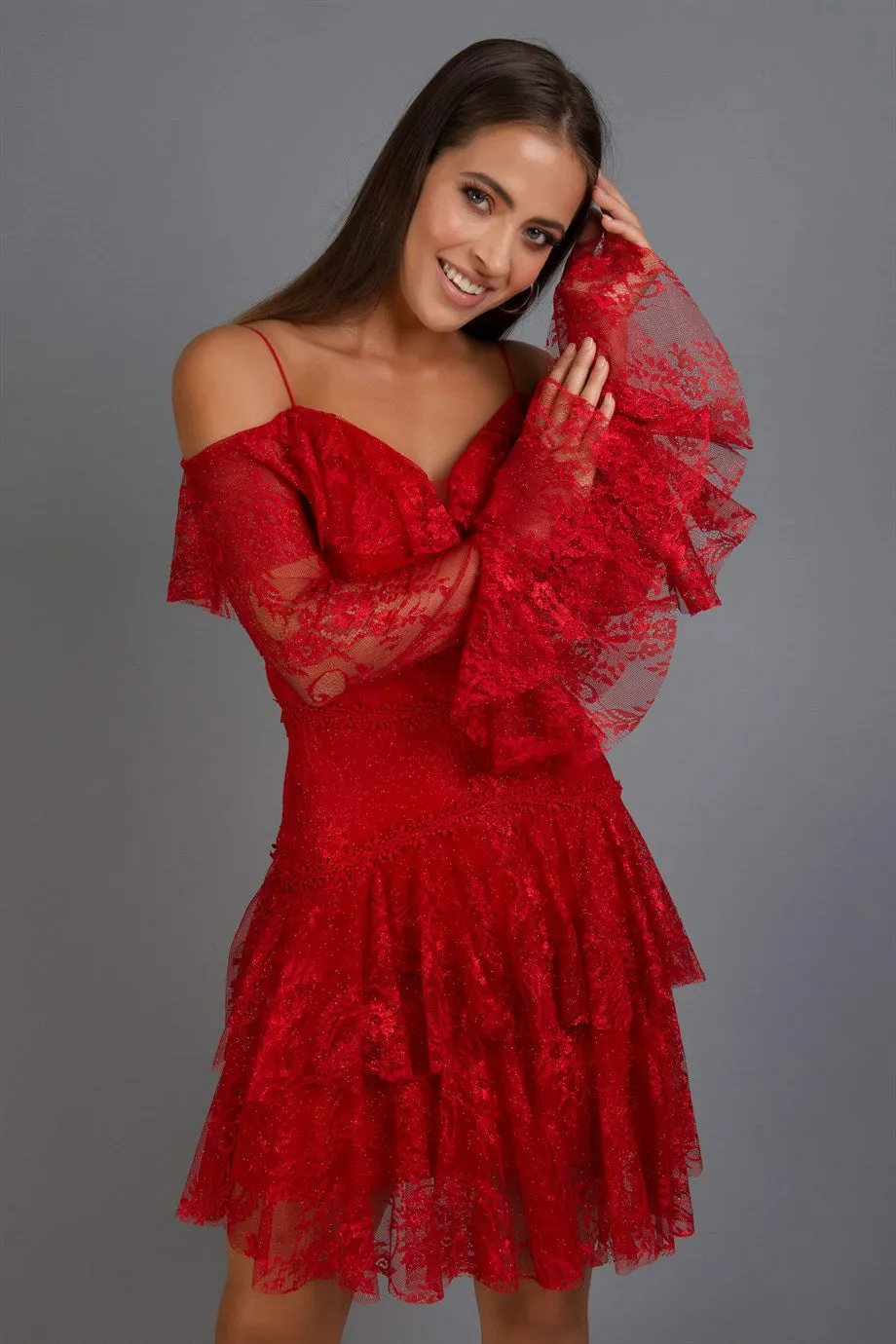 Angelino Red Lace Long Sleeve Short Evening Dress