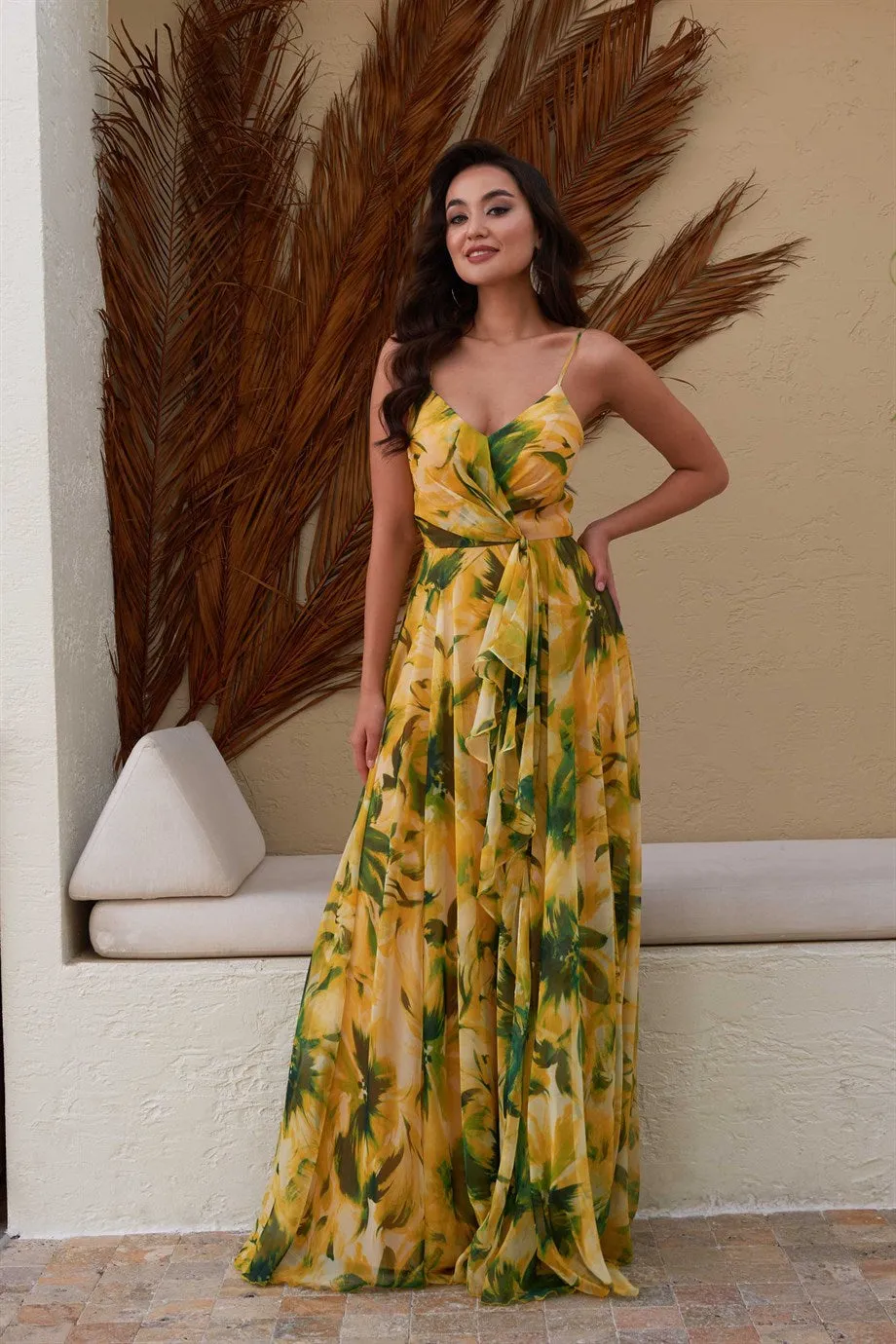 Angelino Yellow impulse slit strap long evening dress dress