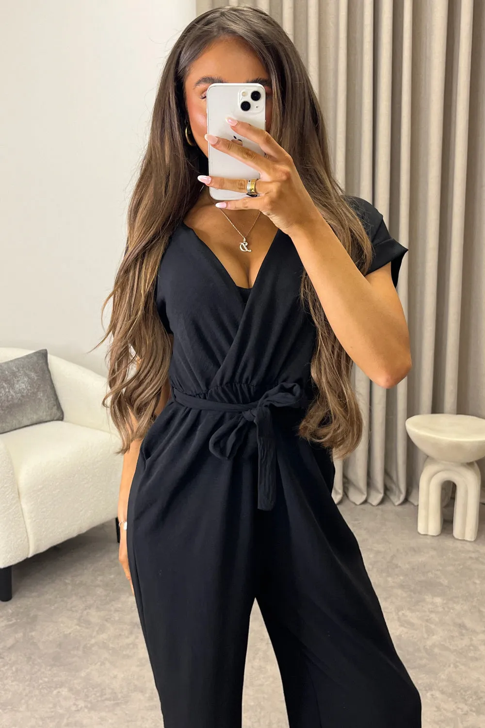 Anny Black Short Sleeve V Neck Plunge Belted Jumpsuit