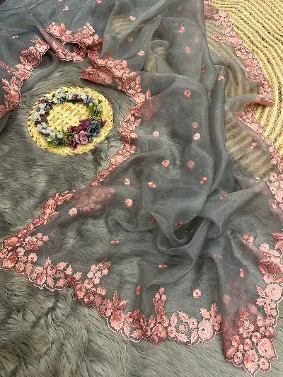 Ash Grey Pure Organza Silk Saree