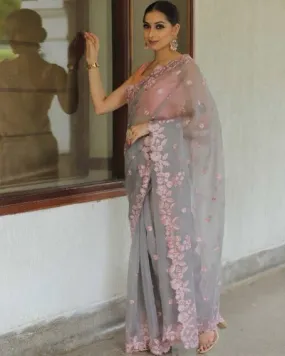 Ash Grey Pure Organza Silk Saree