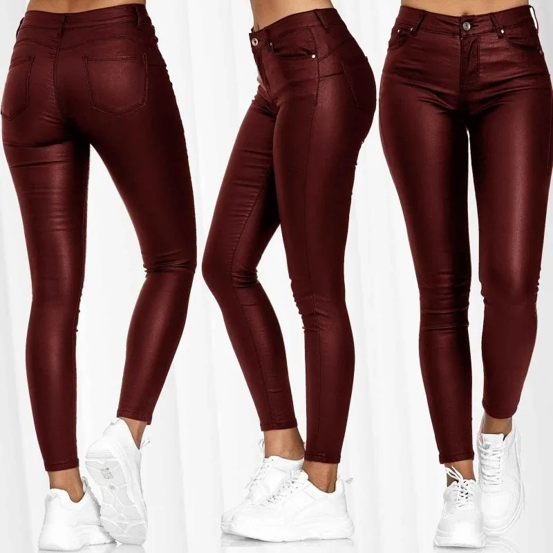 Autumn and Winter High Waist Solid Leather Casual Pants Small Foot Pants Leather Pants Long Pants Women