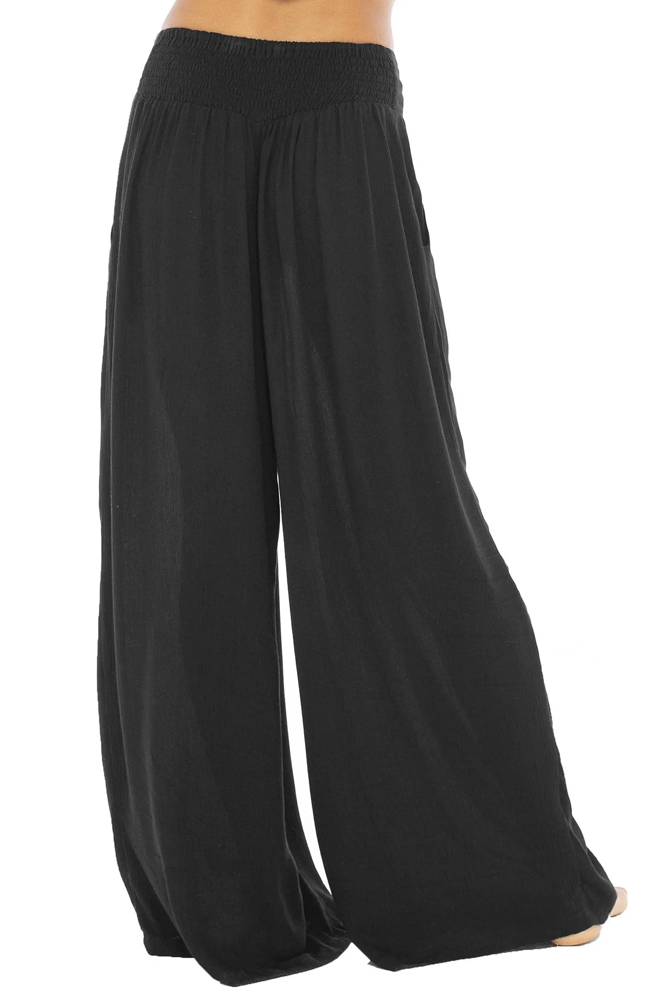 Back From Bali Womens Boho Palazzo Pants Flowy Wide Leg Hippie Beach Pants with Side Pockets and Smocked Waist