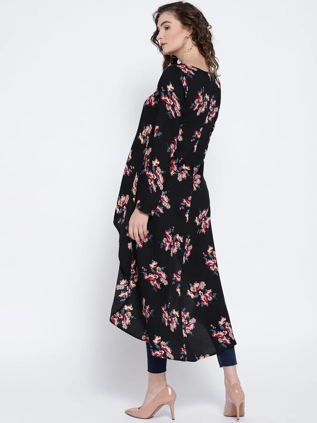 Berrylush Women Black & Pink Floral Printed Boat Neck Longline High-Low Top