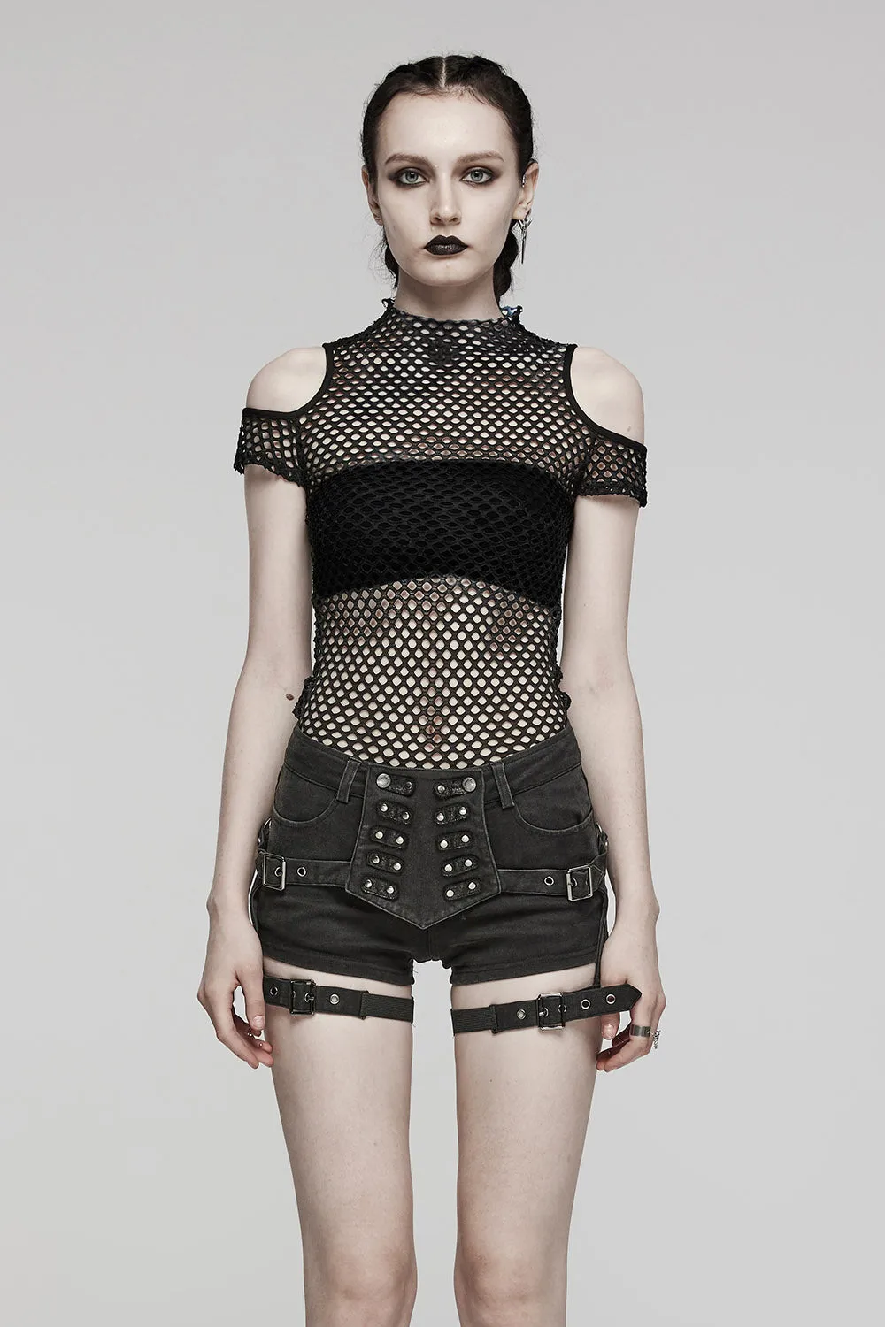 Bitten Cold Shoulder Fishnet Top