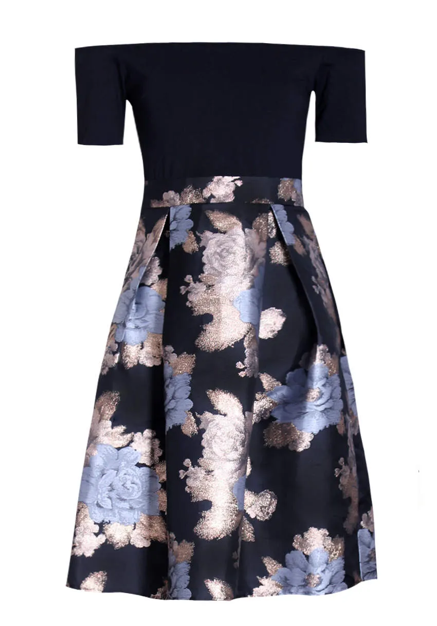 Black and Gold Two In One Floral Skater Dress