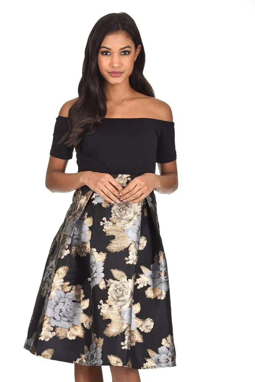 Black and Gold Two In One Floral Skater Dress