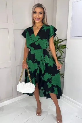 Black And Green Floral Print Wrap Midi Dress