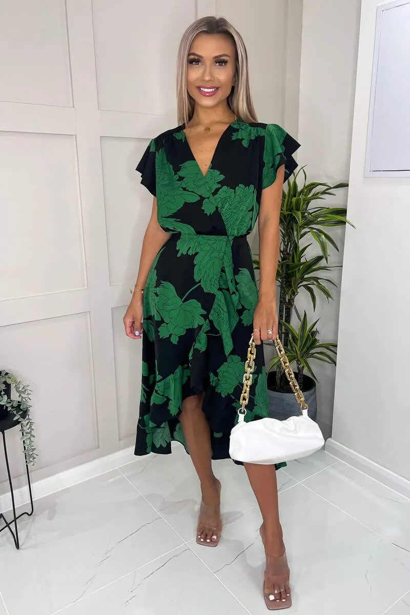 Black And Green Floral Print Wrap Midi Dress