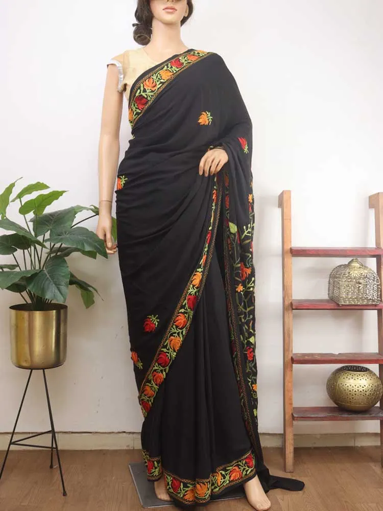 Black Embroidered Kashmiri Aari Work Crepe Floral Design Saree