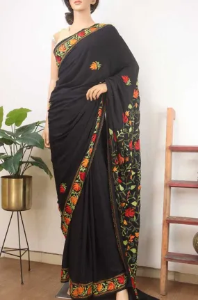 Black Embroidered Kashmiri Aari Work Crepe Floral Design Saree