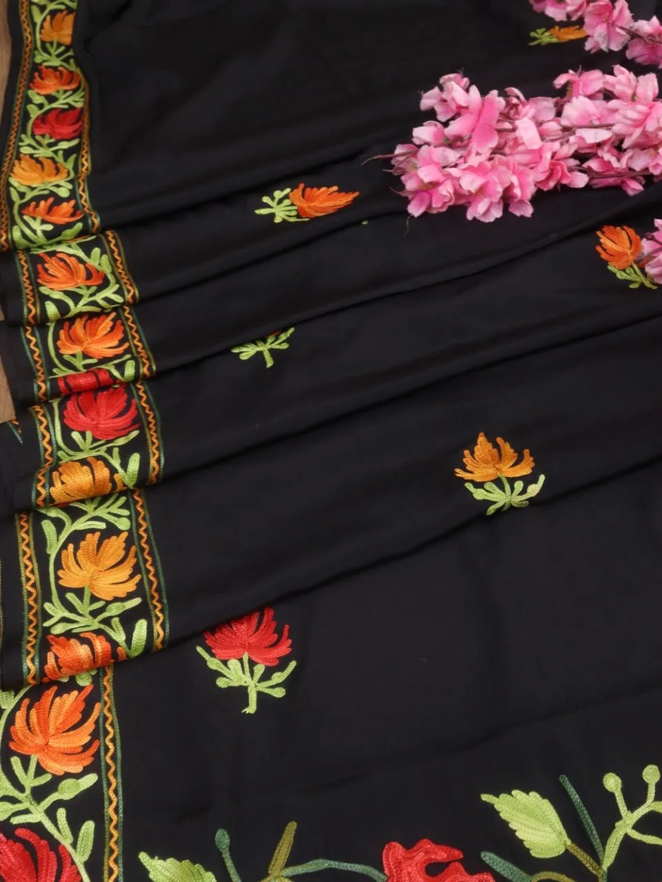 Black Embroidered Kashmiri Aari Work Crepe Floral Design Saree