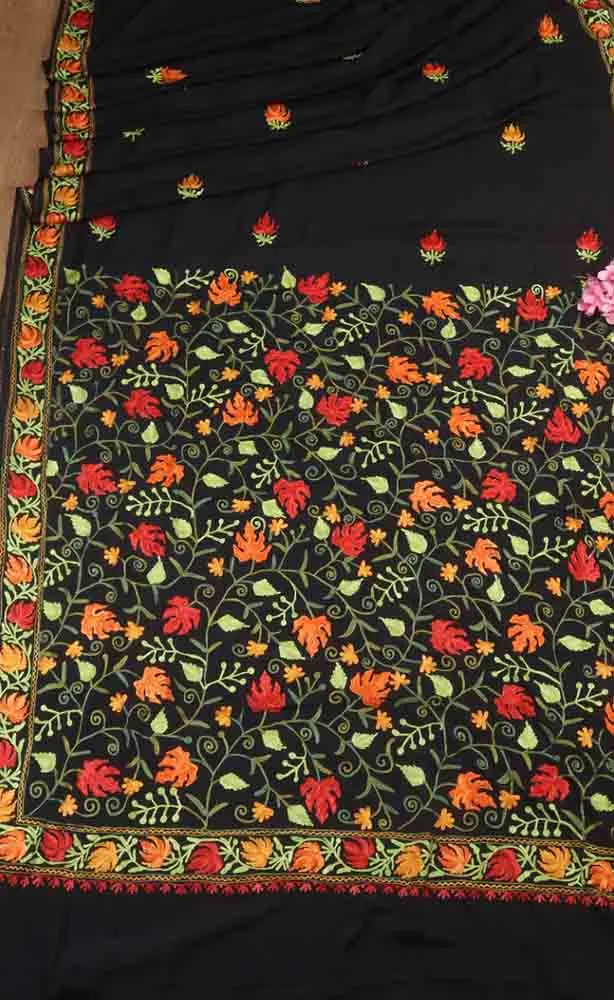 Black Embroidered Kashmiri Aari Work Crepe Floral Design Saree