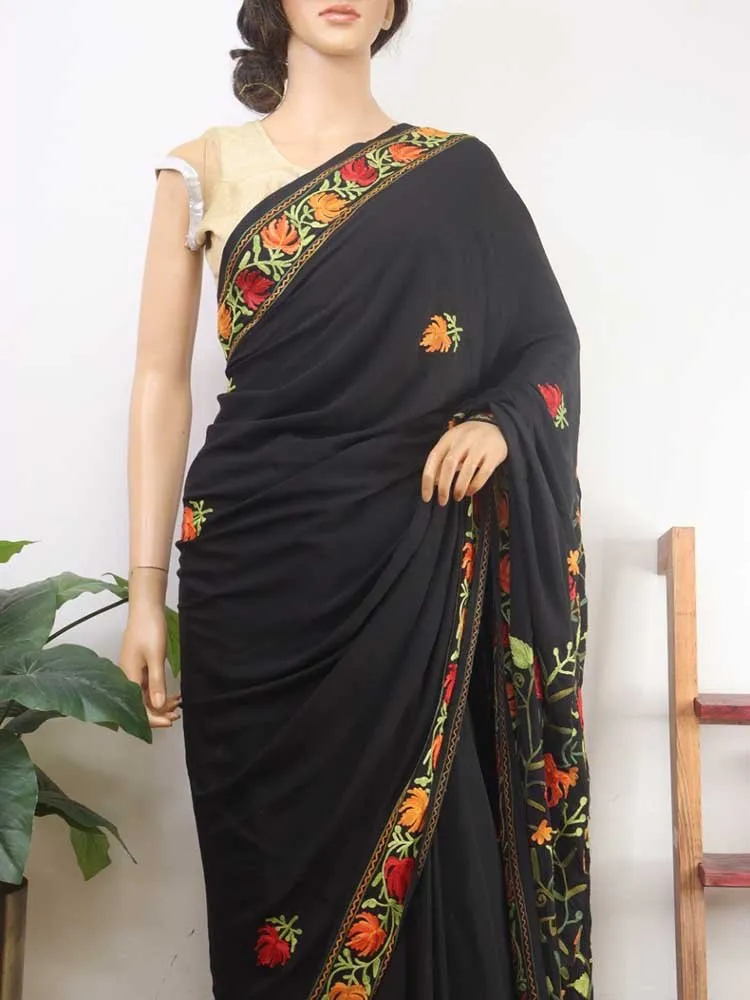 Black Embroidered Kashmiri Aari Work Crepe Floral Design Saree