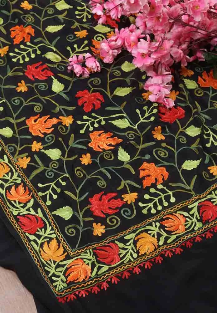 Black Embroidered Kashmiri Aari Work Crepe Floral Design Saree